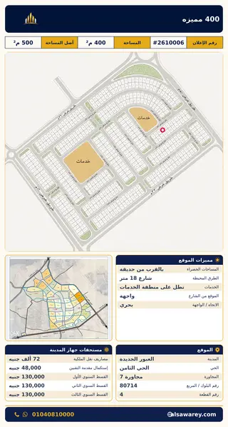 أرض - تم التخصيص 400 م² — مدينة العبور الجديدة، الحي الثامن، مجاورة 7 — صورة العرض — 2
